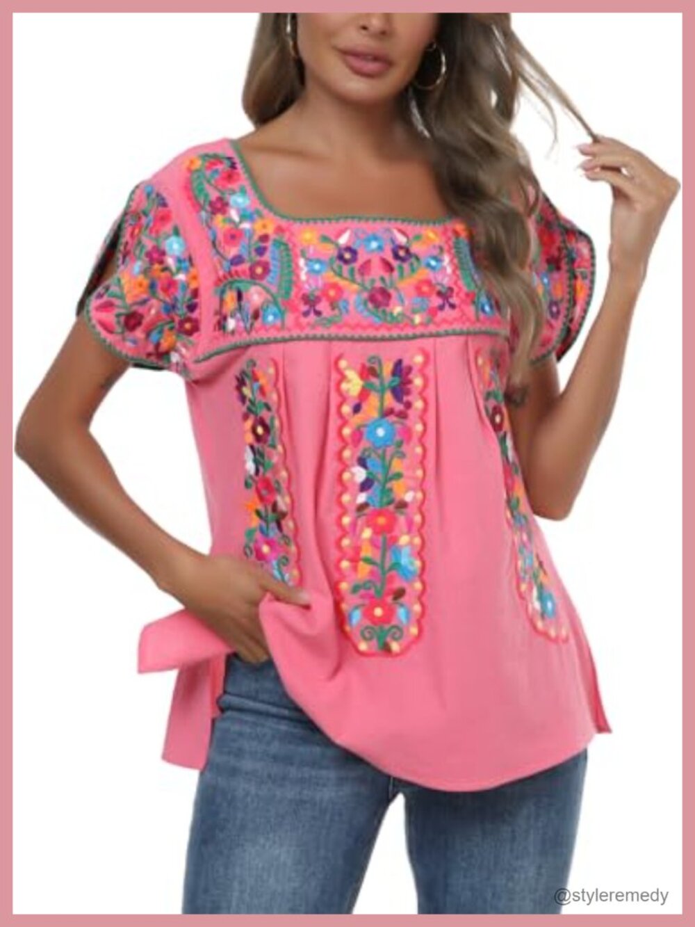Women's Cotton Embroidered Tunic Top Peasant Blouse Floral Summer